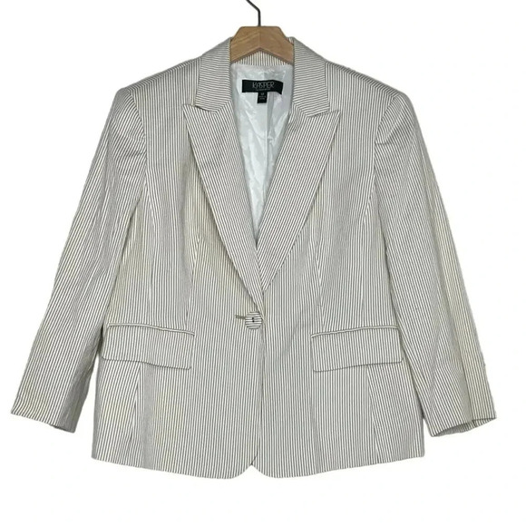 Kasper 12 Tan + Ivory Pinstriped Blazer 1 Button Preppy Classic Career-wear New - Picture 4 of 8